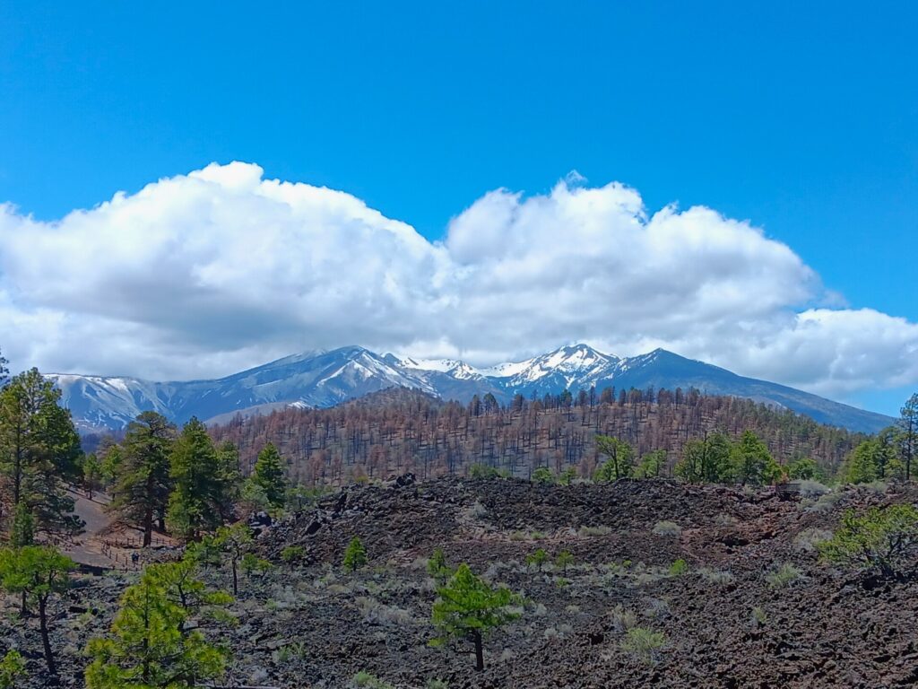 View of mountains from Sunset Crater Volcano National Monument, one of the Flagstaff Area National Monuments