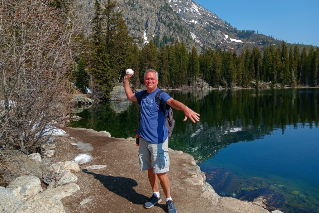 Steve throwing snowball at Jenny Lake, Grand Teton National Park
